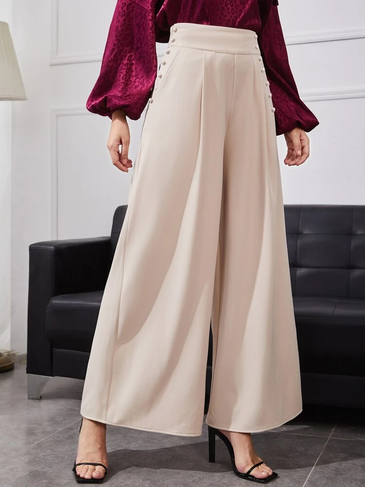 BizChic High Waist Double Breasted Wide Leg Pants Workwear - Beige - View 1