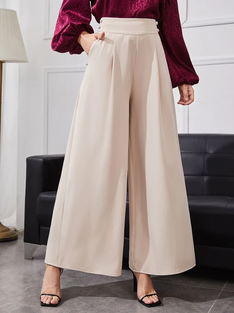 BizChic High Waist Double Breasted Wide Leg Pants Workwear - Beige - View 4