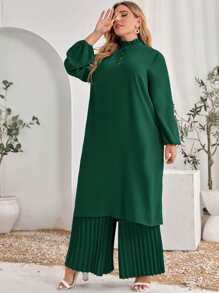 Mulvari Vestido cuello de volante bajo con abertura & Pantalones de pierna ancha fruncido - Verde Oscuro - Ver 4