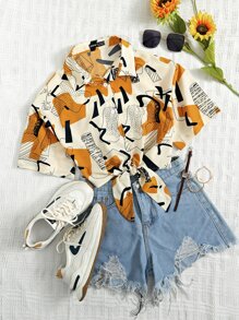 Breezaya Women's Casual Basic Printed Button-Down Short Sleeve Shirt