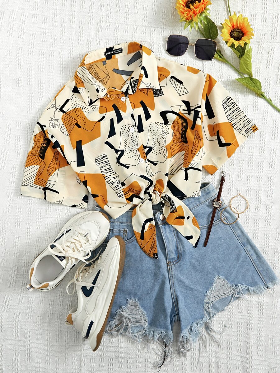 Breezaya Women's Casual Basic Printed Button-Down Short Sleeve Shirt