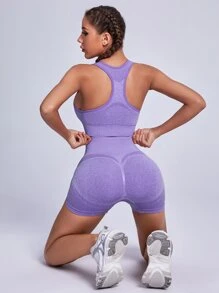 Yoga Basic 無縫寬腰帶運動套裝 - 紫羅蘭色 - 查看 2