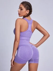 Yoga Basic 無縫寬腰帶運動套裝 - 紫羅蘭色 - 查看 4