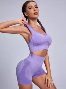 Yoga Basic 無縫寬腰帶運動套裝 - 紫羅蘭色 - 查看 5