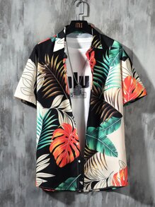 Manfinity RSRT Camisa con estampado tropical aleatorio y pantalones cortos con cordón sin camiseta para hombres, conjunto de 2 piezas tropical para hombres, atuendo tropical para hombres, conjuntos de pantalones cortos de vacaciones para hombres, atuendos cómodos - Multicolor - Ver 4
