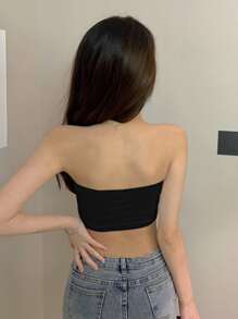 Strapless Crop Top (Without Straps, Includes Padding, Non-Removable) Casual Black Summer - Black - View 5