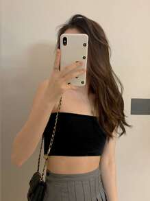 Strapless Crop Top (Without Straps, Includes Padding, Non-Removable) Casual Black Summer - Black - View 3