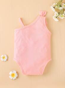 嬰兒標語圖案不對稱領肩部蝴蝶結連身背心 - 淺粉色 - 查看 2