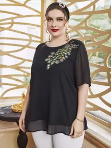 Modelyn Plus Peacock Embroidery Blouse - Black - View 3