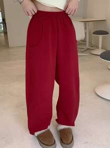 Solid Pocket Side Loose Sweatpants - Burgundy - View 1