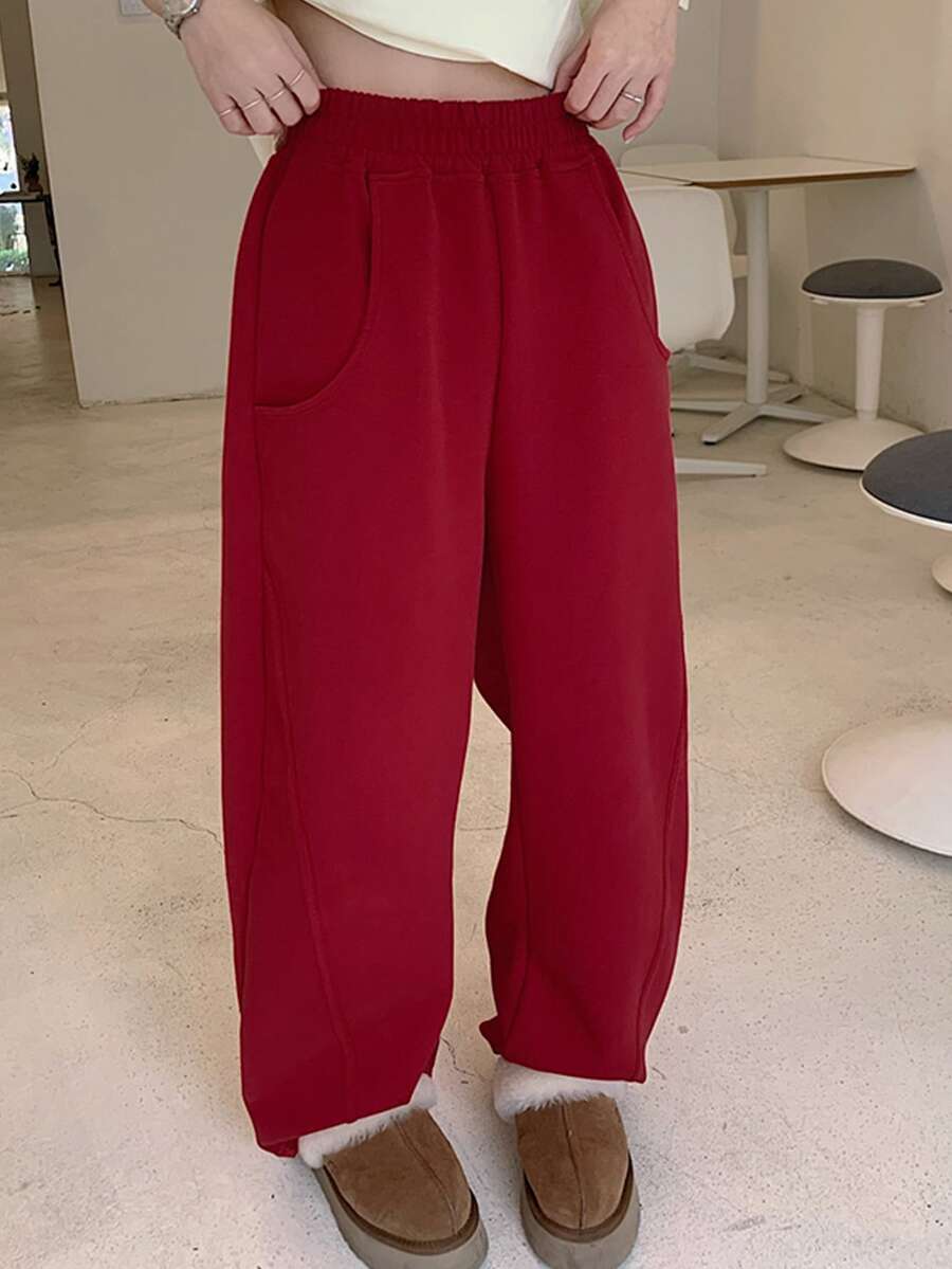 Solid Pocket Side Loose Sweatpants - Burgundy - View 1