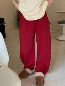 Solid Pocket Side Loose Sweatpants - Burgundy - View 3