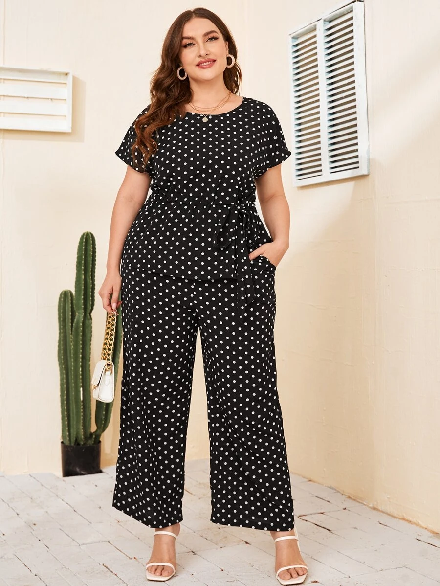 EMERY ROSE 夏季加大圆点蝙蝠袖抽绳腰上衣和阔腿裤 - 黑色 - 查看 1