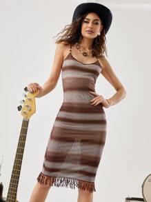 漸變圖案流蘇下擺緊身連衣裙 - 彩色 - 查看 1