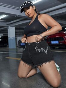 Shorts en mezclilla fuego con bordado bajo crudo - Negro - Ver 3