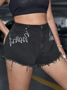 Shorts en mezclilla fuego con bordado bajo crudo - Negro - Ver 1
