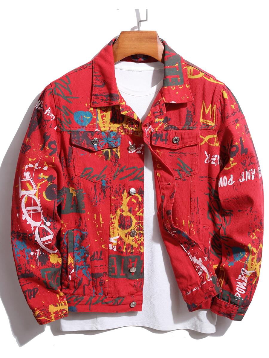 Manfinity Áo khoác Denim Nam Túi Nút phía trước Lá thư In ngẫu nhiên Đường phố - Đỏ - Xem 1