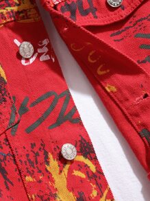 Manfinity Áo khoác Denim Nam Túi Nút phía trước Lá thư In ngẫu nhiên Đường phố - Đỏ - Xem 4