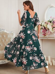 UNITHORSE [Random Cut] Women's V-Neck Allover Floral Backless A-Line Graduation Dress And Formal Dress, Chiffon Bridesmaid Dress - Dark Green - View 3