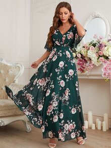 UNITHORSE [Random Cut] Women's V-Neck Allover Floral Backless A-Line Graduation Dress And Formal Dress, Chiffon Bridesmaid Dress - Dark Green - View 5