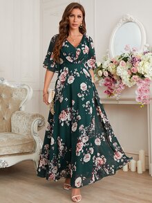 UNITHORSE [Random Cut] Women's V-Neck Allover Floral Backless A-Line Graduation Dress And Formal Dress, Chiffon Bridesmaid Dress - Dark Green - View 6