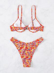 小花圖案有鋼圈高腰比基尼 - 彩色 - 查看 2