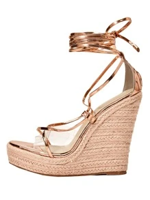 腿部繫帶設計編織坡跟涼鞋 - 香檳色 - 查看 2