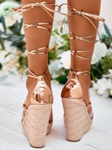 腿部繫帶設計編織坡跟涼鞋 - 香檳色 - 查看 6
