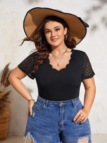 Plus Contrast Lace Scallop Trim Tee - Black - View 5
