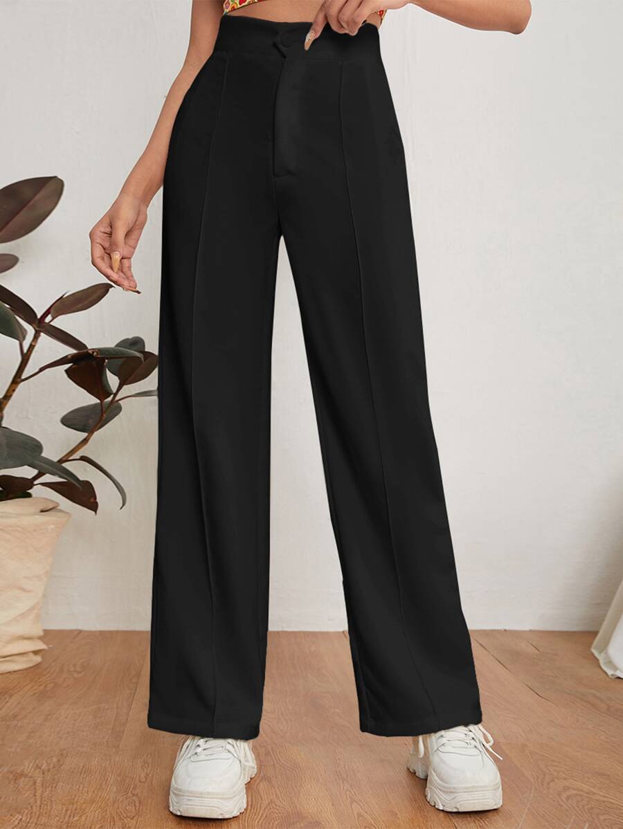 SHEIN PETITE Solid Dual Pocket Tailored Trousers - Black - View 1