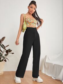 SHEIN PETITE Solid Dual Pocket Tailored Trousers - Black - View 3