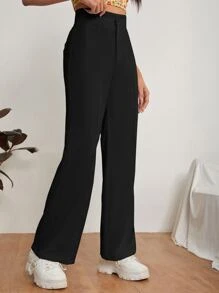 SHEIN PETITE Solid Dual Pocket Tailored Trousers - Black - View 4