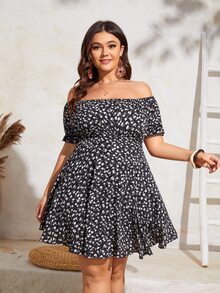 大碼小碎花一字肩洋裝 - 黑色 - 查看 4