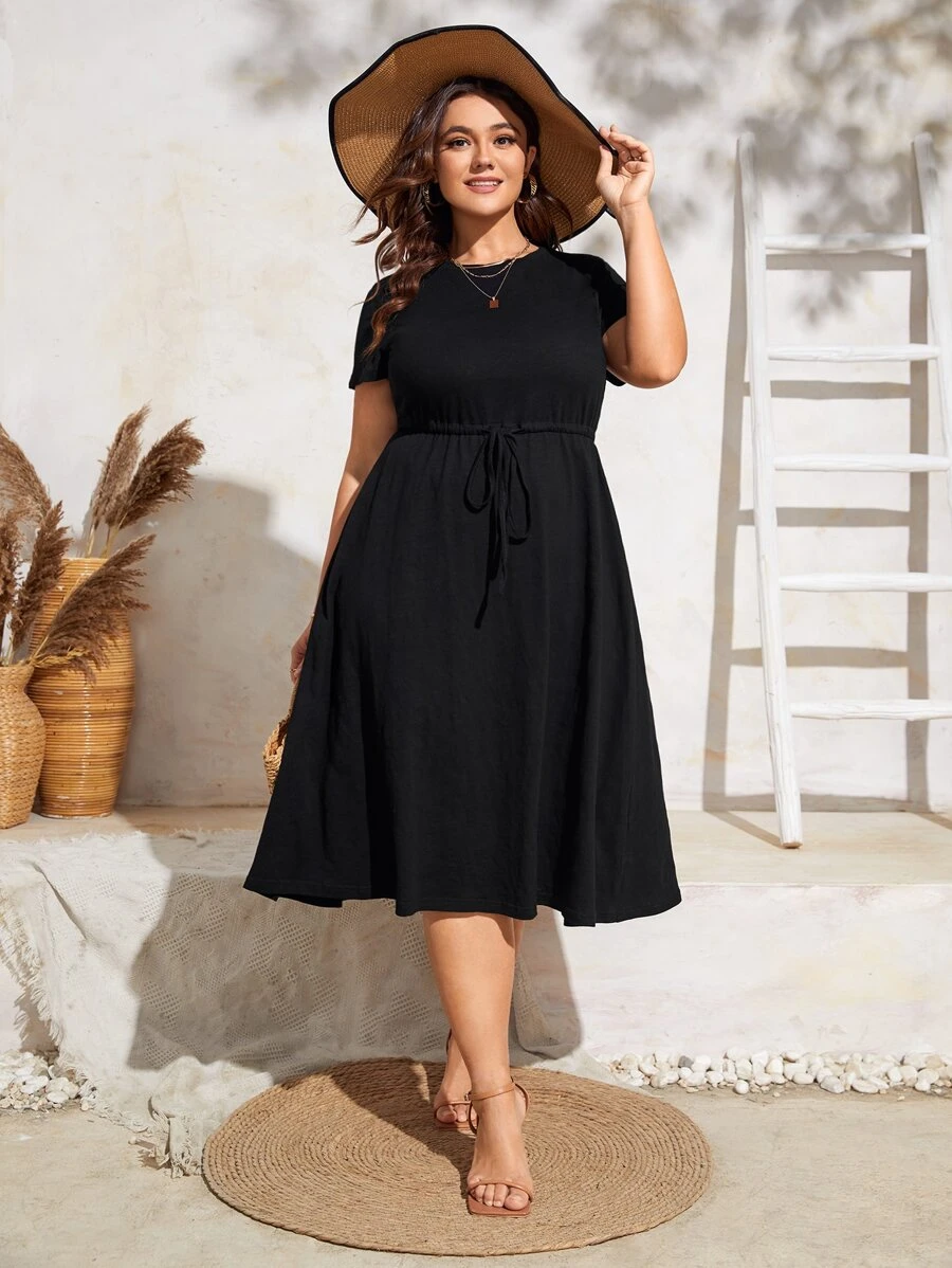 Plus Drawstring Waist Dress - Black - View 1