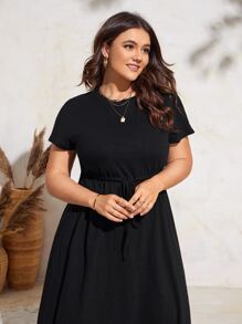 Plus Drawstring Waist Dress - Black - View 4
