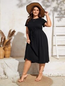 Plus Drawstring Waist Dress - Black - View 5