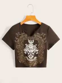 ROMWE 圖案印花缺口V領T恤 - 巧克力棕 - 查看 1