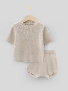 Bebé Top unicolor tejido de canalé & Shorts tejidos - Caqui - Ver 1