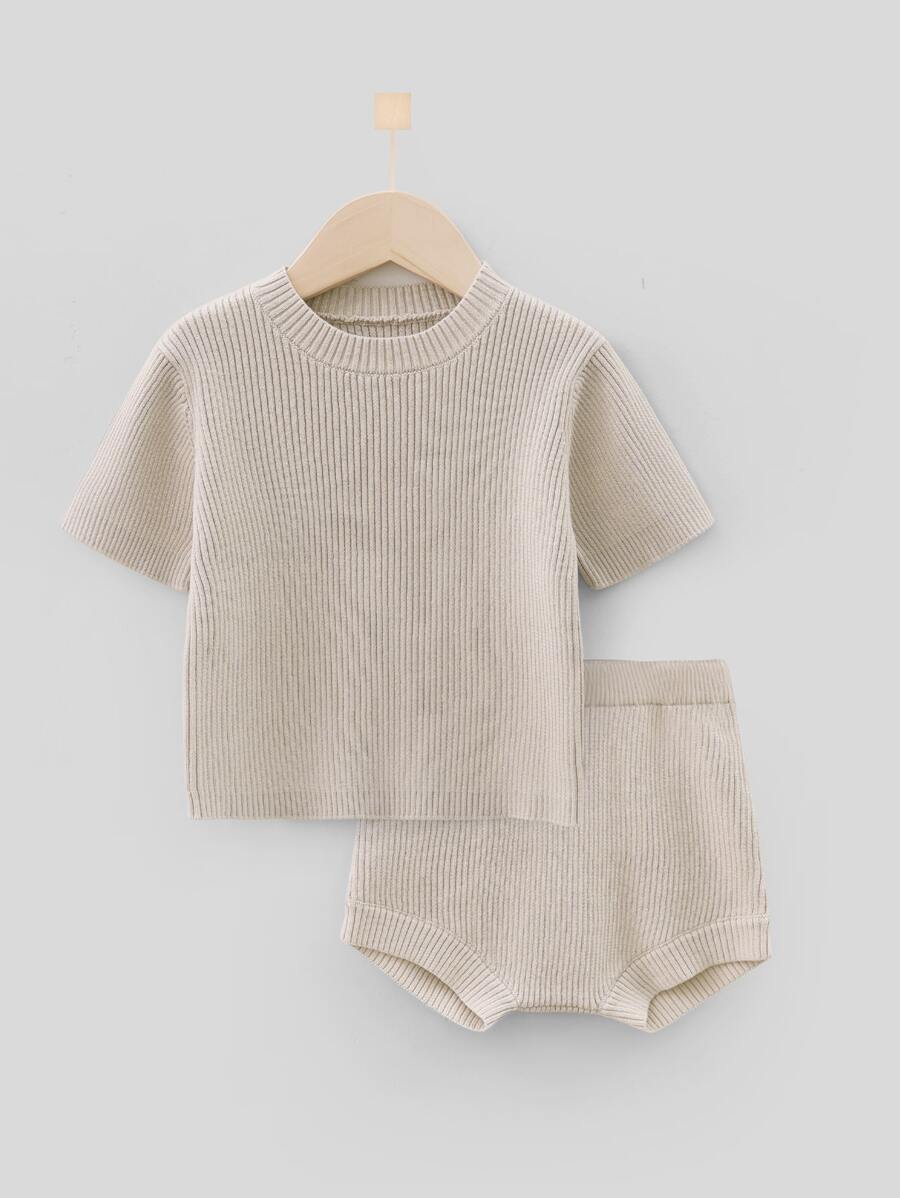 Bebé Top unicolor tejido de canalé & Shorts tejidos - Caqui - Ver 1