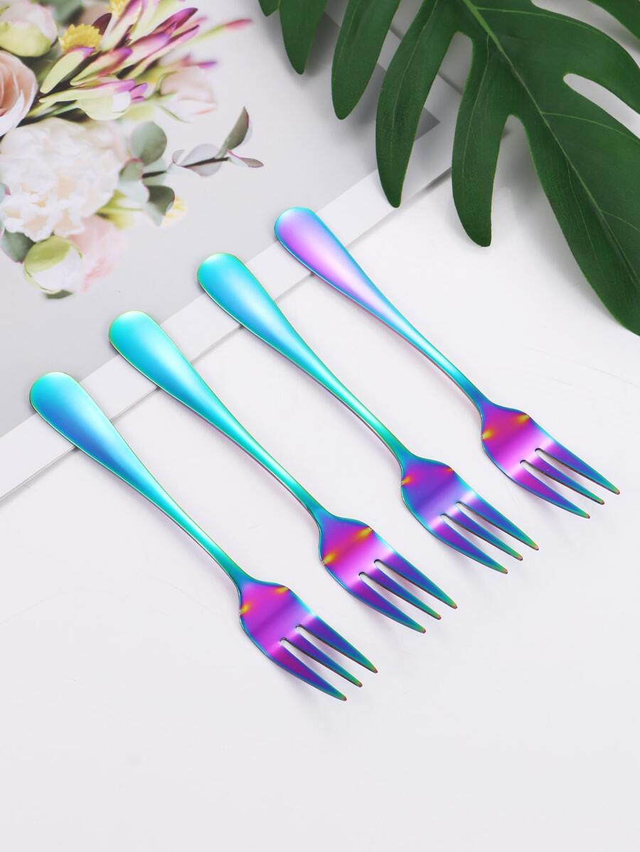 2/4/8 piezas Tenedores de acero inoxidable para fruta y postre, aptos para fiestas, útiles escolares, vuelta al cole - Multicolor - Ver 1