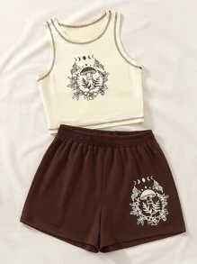 SHEIN Unity 蘑菇和蝴蝶圖案頂針背心上衣和短褲 - 彩色 - 查看 3