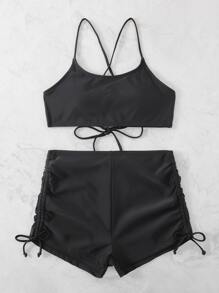 Lace Up Back Shorts Bikini, For Summer Beach Vacation - Black - View 2