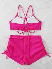 Lace Up Back Top & Shorts Bikini Set, For Summer Beach Vacation - Hot Pink - View 3