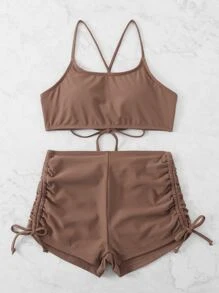 Lace Up Backless Hlater Top & Shorts Bikini Set, For Summer Beach Vacation - Coffee Brown - View 2