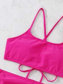 Lace Up Back Top & Shorts Bikini Set, For Summer Beach Vacation - Hot Pink - View 4
