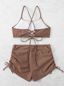 Lace Up Backless Hlater Top & Shorts Bikini Set, For Summer Beach Vacation - Coffee Brown - View 3