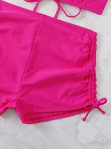 Lace Up Back Top & Shorts Bikini Set, For Summer Beach Vacation - Hot Pink - View 5