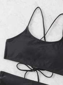 Lace Up Back Shorts Bikini, For Summer Beach Vacation - Black - View 4