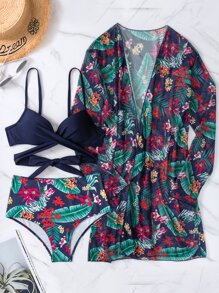 SHEIN Swim 夏季海滩热带印花比基尼套装裹胸聚拢文胸上衣和低腰比基尼下装和和服 3 件套比基尼 - 彩色 - 查看 3