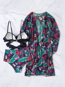 SHEIN Swim 夏季海滩热带印花比基尼套装裹胸聚拢文胸上衣和低腰比基尼下装和和服 3 件套比基尼 - 彩色 - 查看 4